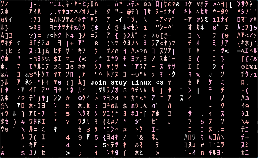 The  program has been set to display in a pink color, with the message "Join Stuy Linux <3" at the center.