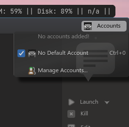 Menu that appears when "Accounts" - denoted with a gray Steve face icon, is clicked. There is No Default Account, and an option to Manage Accounts.