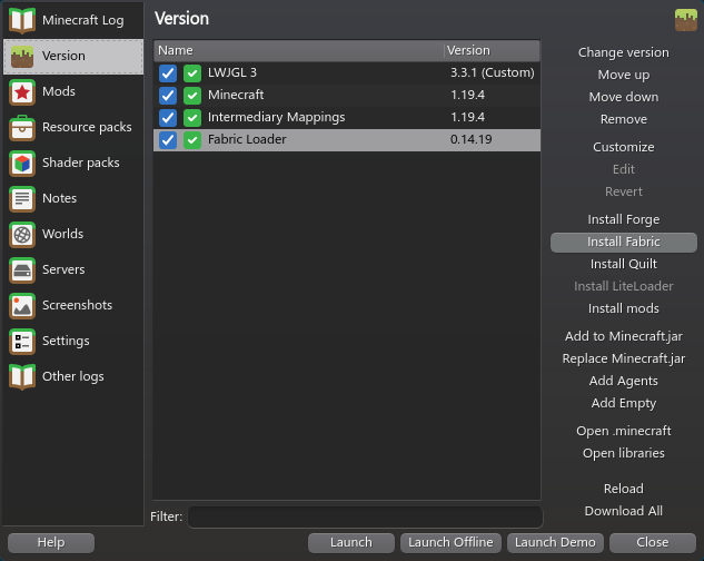 Fabric has been installed in the Version menu. "Install Fabric" is still highlighted.